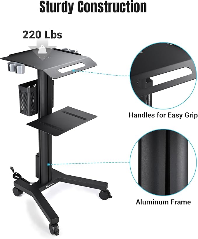 Yescom Mobile Laptop Cart Rolling PC Stand Computer Workstation on Wheels with Handle 220 Lbs Capacity CPU Printer Power Strip Holder for Lap School Office Salon Spa Dental