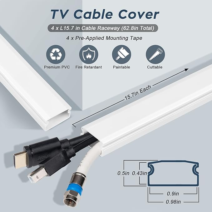 62.8in Cable Cover Wall, White Wire Cover for Wall, Paintable Cord Cover Wall Kit, Cord Hiders for TV on Wall, Hide Cords Wall Mounted TV - Cord Concealer Cable Channel 4xL15.7in W0.98in H0.5in