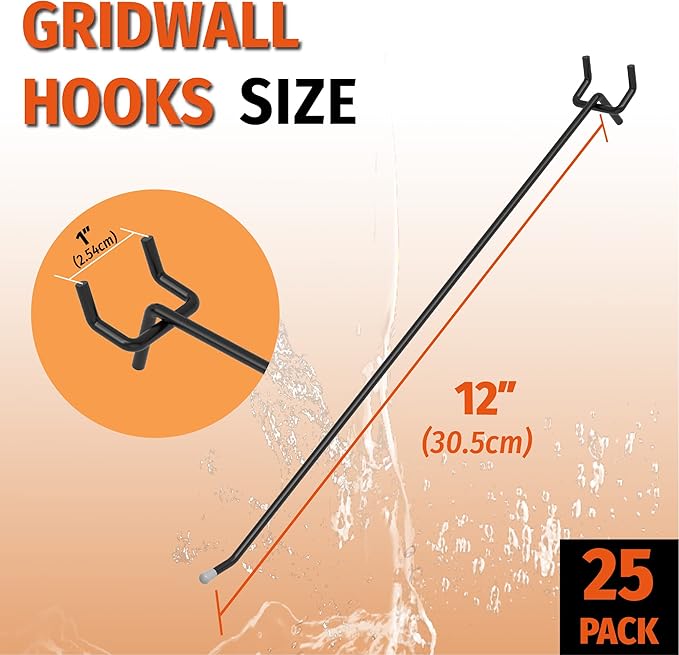 HUHOLE Black Pegboard Hooks 12 Inch, 25PC, Heavy Duty Peg Board Hooks, Fit 1/4" Peg Board
