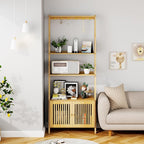 Bookcase with Drawers, 4-Tier Bamboo Bookshelf Ladder Shelf with 6 Hooks, Tall Narrow Book Shelf, 24.8"L x 10.6"W x 59.5"H, Standing Storage Organizer for Living Room, Home Office, Bedroom, Bathroom