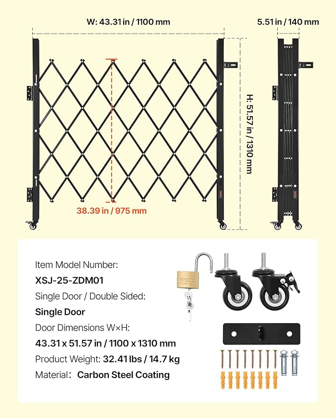 VEVOR Single Folding Security Gate, Lockable Scissor Gate with 360° Swivel Casters, Outdoor Barricade Steel Retractable Gates, for Entry Security, Garage, Warehouse & Pool, 43.31 x 51.57 in (W x H)