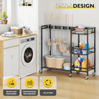 Broom Holder with Cleaning Supplies Organizer, Movable Broom Closet Storage Cabinet with Cleaning Caddy, Cleaning Cart with Mop Rack, Janitorial Housekeeping Cart on Wheels, Laundry Room Organization