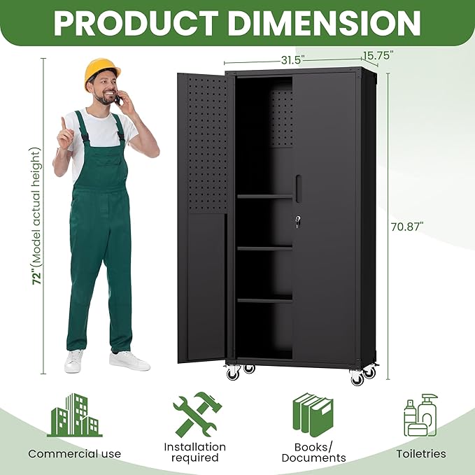 71'' Garage Storage Cabinet on Wheels Black Metal Tool Cabinets with Locking Doors and 3 Adjustable Shelves,Heavy Duty Tall Rolling Steel Cabinets for Garage Warehouse Basement Office