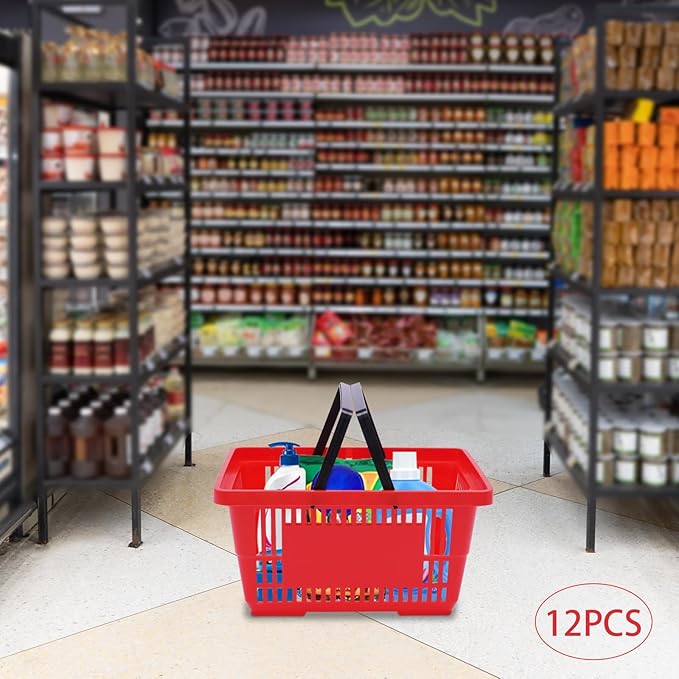 12PCS Shopping Baskets with Handles, Portable Wire Shopping Basket,Open&Stackable Design for Supermarket, Retail, Bookstore (Red)