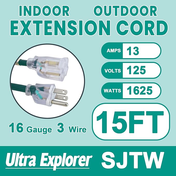 15 Ft Indoor Outdoor Green Extension Cord, 16/3 Heavy Duty Extension Cable, 3 Prong Grounded Plug with Lighted End for Appliance and Lawn, 13A, UL Listed