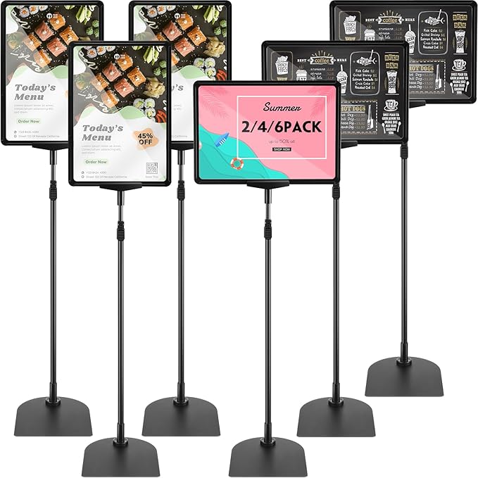 Jutom 6 Pack Adjustable Pedestal Stand Holder 8.5 x 11 Inch Heavy Duty Aluminum Sign Holder Vertical and Horizontal Sign Poster Stands Floor Standing Display for Advertisement Menu Display(Black)
