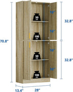Cozy Castle Kitchen Pantry Cabinet, 71" Tall Wood Storage Cabinet with Doors and Shelves 4 Doors Freestanding Cupboard for Dining Room Living Room Bathroom Furniture, Whitewashed Oak