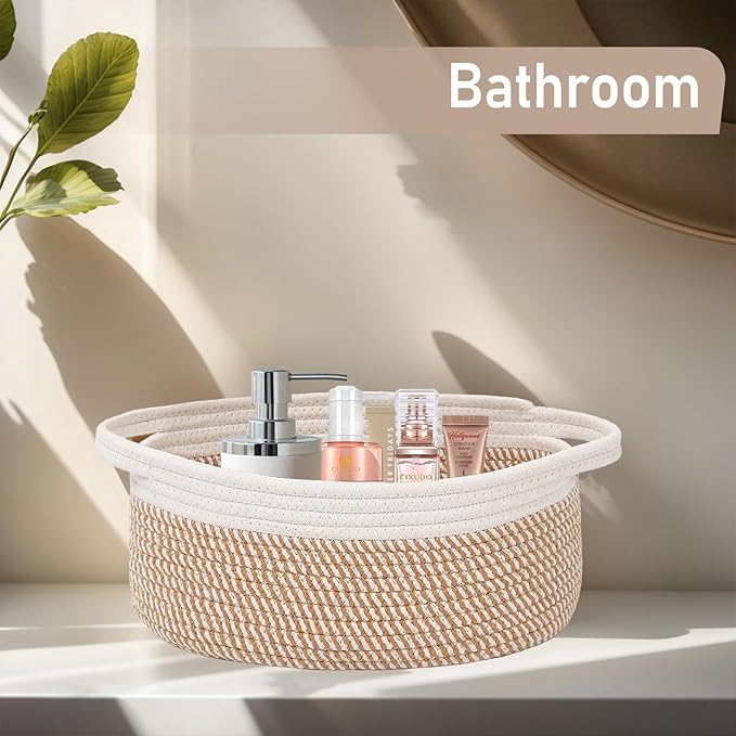 Woven Basket,Small Rope Storage Bin with Handles & Ribbon Bag, Organizer for Shelves Closets,Gift Basket Empty for Birthday,Books,Dog Toys, White&Brown Block/2 Pack