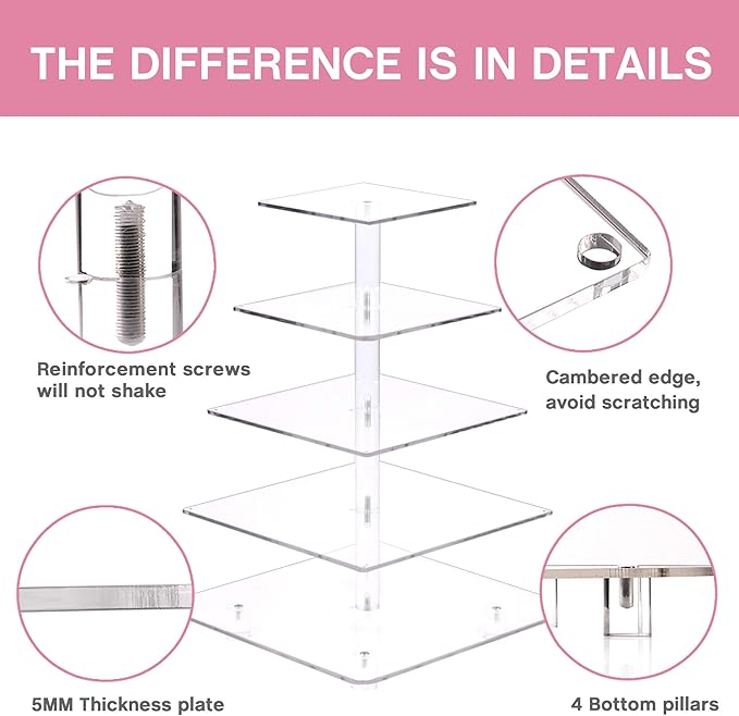 YestBuy Cupcake Stand with Pink Lights – 5 Tier Premium Cupcake Holder – Acrylic Cupcake Tower Display Stand – Cady Bar Party Décor –Acrylic Display for Pastry + LED Light String – Ideal for Weddings, Birthday (Pink)