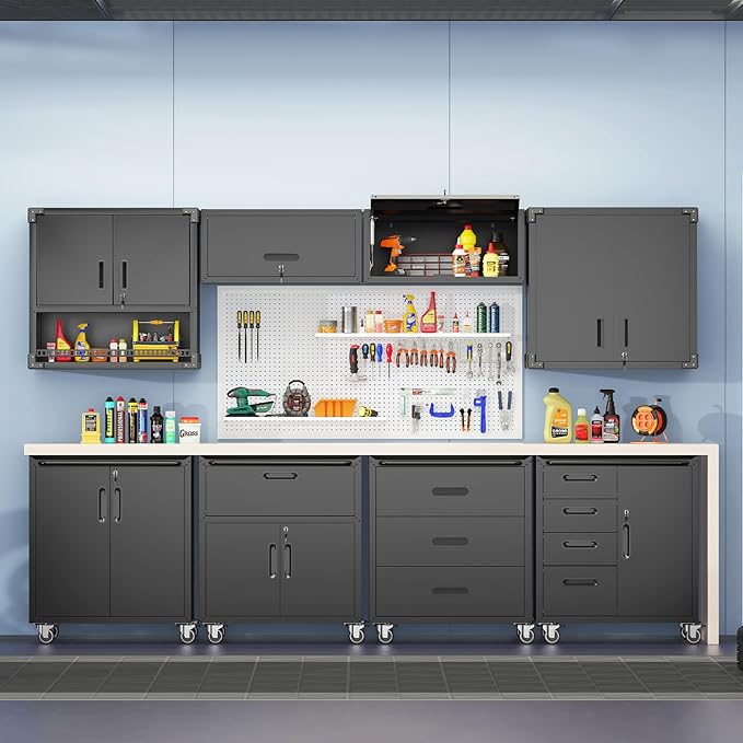 Metal Storage Cabinet with Wheels, Rolling Tool Chest with Adjustable Shelf & Handle, Lockable Garage Cabinet with 1 Drawer and 2 Doors, Mobile Steel Locker for Home, Office, Workshop, Black