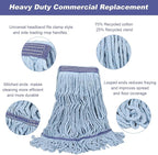 Commercial Heavy Duty Mop Heads Replacements: Wet Industrial Blue Cotton Looped End String Head Refill for General Floor Cleaning (6 Pack)
