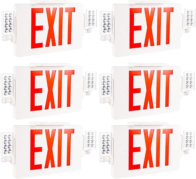 Gruenlich LED Combo Exit Sign, Emergency Light with 2 Adjustable Heads and Double Face, Back Up Batteries- US Standard Red Letter EXIT, UL 924 Qualified, 120-277 Voltage, 6-Pack