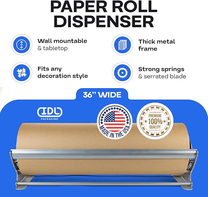 IDL Packaging 36" Kraft Paper Roll Dispenser & Cutter for Rolls up to 36" Wide and 9" in Diameter – Tabletop Reinforced Steel Paper Holder with a Cutter – for Kraft and Butcher Paper
