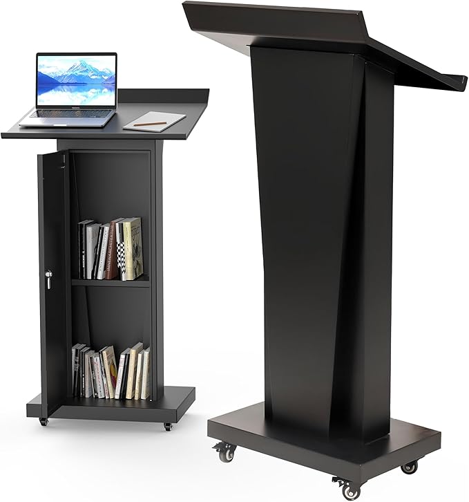 Tredre Metal Podium Stand with Wheels, Heavy-Duty Rolling Lectern for Classroom, Church & Office Presentations, Large Top, Locking Casters, Stable Base