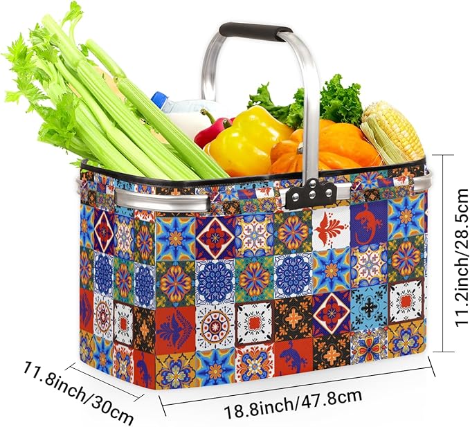 Boho Collapsible Market Basket, Mexican Talavera Tile Leakproof Folding Collapsible Portable Picnic Basket Strong Aluminum Frame for Travel, Shopping, Camping & Lake Trips