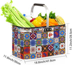 Boho Collapsible Market Basket, Mexican Talavera Tile Leakproof Folding Collapsible Portable Picnic Basket Strong Aluminum Frame for Travel, Shopping, Camping & Lake Trips