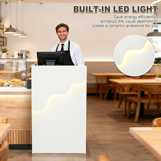 Small Reception Desk with Counter LED Light, Modern Front Desk with Lockable Drawer, White Retail Checkout Counter for Clothing Store Lobby Beauty Salon (White, 37.8x23.6x15.7in)