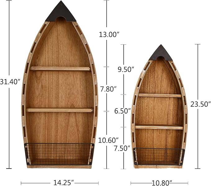Wood Hanging Boat Shelf Set Nautical 3-Tiered Shelves for Living Room Bathroom Bedroom - Beach Themed Decorative Bookcase Wooden Wall Art Ornament Display Shelf Rustic Coastal Home Decor