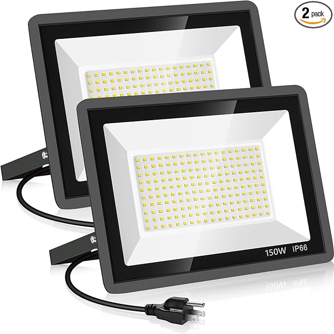 2 Pack 150W 3000K Led Flood Lights Outdoor,Warm White Super Bright 15500LM Security Lights with Plug,Exterior IP66 Waterproof FloodLight for Basketball Court, Yard, Garden, Playground