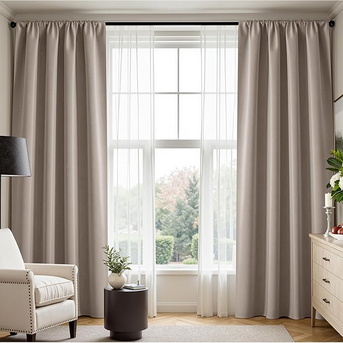 PONY DANCE Light Taupe Blackout Curtains for Bedroom 72 inch Length 2 Panels Set, Thermal Insulated Rod Pocket Room Darkening Drapes for Living Room Window 2 Burg, Wide 52 x Long 72 inches