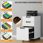 3 Drawer File Cabinet with Lock, Fully Assembled Metal Mobile Filing Cabinets for Home Office, Small Rolling File Caninet on Wheels for Legal/Letter / A4 File, White