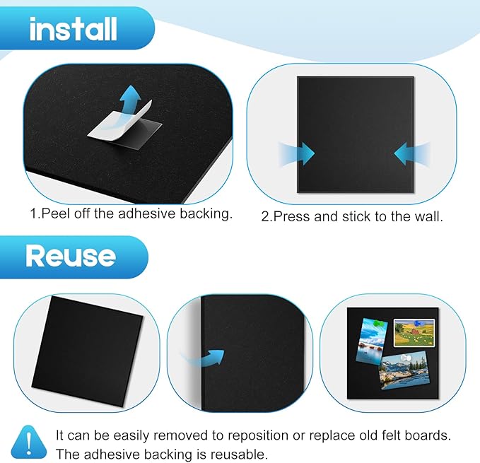 Large Cork Board for Wall 47"x 35", 12 Pack Black Bulletin Board, Felt Wall Tiles with 72 Safe Removable Adhesive Tabs, 60 Push Pins, Cork Boards for Home Office Pin Board Tack Board