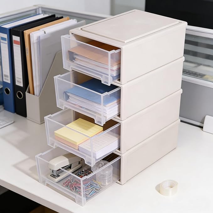 12 Quart Desktop Drawer Storage Unit, Plastic Stackable Storage Drawer, 4 Pack