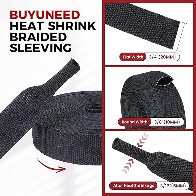 Heat Shrink Wire Loom 2:1 Shrinkable Braided Cable Sleeve 3/8 Inch ID-46ft Abrasion Protection Flexibility Fabric Wiring Harness Cover Sheath
