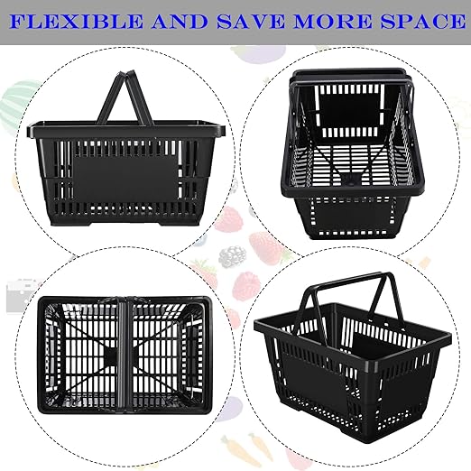 Macarrie 12 Pcs Shopping Baskets, 20 L Plastic Baskets with Handles, 16.9 x 11.8 x 9.1 Inches, Sturdy, Black