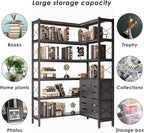 6-Shelf Corner Bookshelf, Vintage Industrial Corner Shelf Etagere Bookcase, Large Book Shelf with Metal Frame Open Storage Corner Cabinet (Black-Lockers)