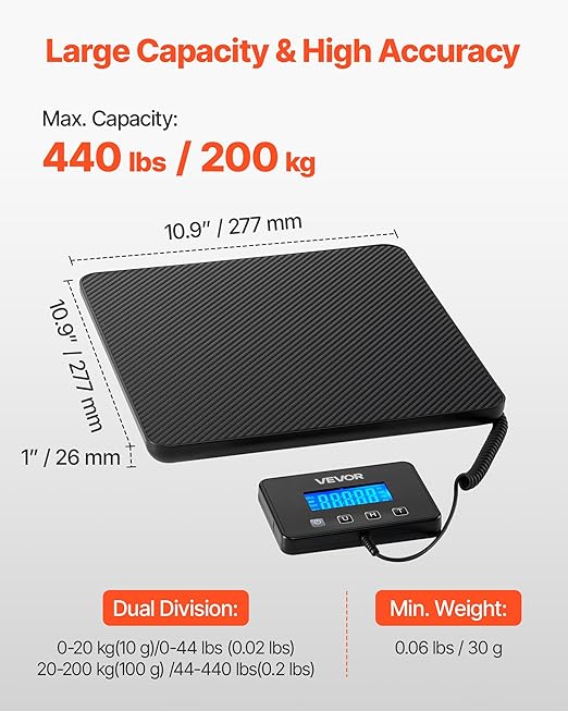 VEVOR Digital Postal Scale, 0.35 oz/3.5 oz Dual Accuracy, 440 lbs Commercial Weight Scale with Hold/Tare Function & LCD Display, Fit for Packages, Postage, Luggage, Battery & Charging Cable Included