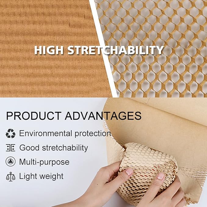 Honeycomb Packing Paper Wrap 15"x200' Sustainable Alternative to Bubble Cushioning Wrap for Moving/shipping/packing Roll with 20 Fragile Sticker Biodegradable & Fully Recylable