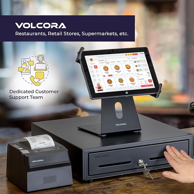 Volcora 16" Push Open Cash Register Drawer for Point of Sale (POS) System, Partial Removable Black Heavy Duty Till with 5 Bills/8 Coin Slots, Key Lock and Double Media Slots