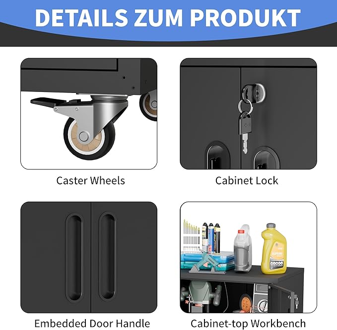Metal Storage Cabinet with Wheels, Mobile Garage Storage Cabinet with 2 Lockable Doors and 1 Drawer, Rolling Tool Cabinet, Assembly Required, Black