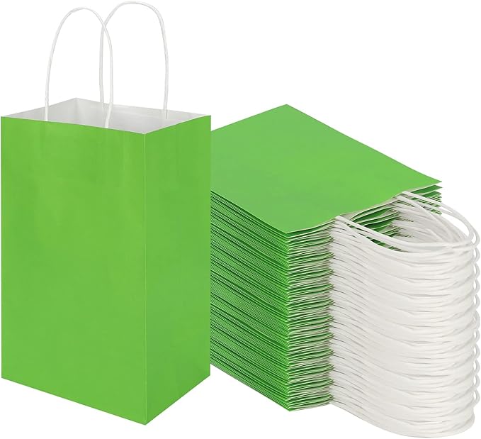 100 Pack 5.25x3.25x8.25 Inch Small Grass Green Kraft Paper Bags with Handles Bulk, Toovip Gift Wrap Bags for Favor Grocery Retail Party Birthday Shopping Business Goody Craft Merchandise Takeout Sacks