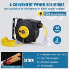 VEVOR Retractable Extension Cord Reel, 30 FT, Heavy Duty 16AWG/3C SJTOW Retractable Power Cord Reel with Lighted Triple Tap Outlet 10 Amp Circuit Breaker 4.5FT Lead-in Cord, for Ceiling or Wall Mount