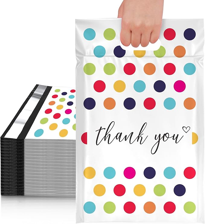 JinRuiKJ Poly Mailers with Handle 10x13 Inch 25 Pcs, Easy to Carry Packaging Bags for Small Business, Thank You Shipping Bags with Self Adhesive Strip, Tearproof and Waterproof - Colorful Polka Dots