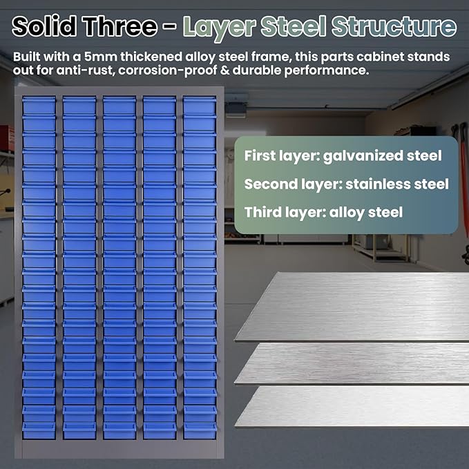 100 Drawers Nut and Bolt Organizer, 26x9x46 Stainless Steel Parts Cabinet with Shelfs & Labels Bolt Organizer for Workshop Tool & Hardware Storage and Organization (100 Drawers)