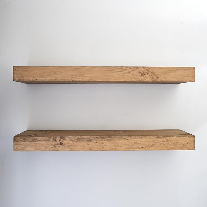 Urbandi Modern Floating Shelves 3 Inches Thick for Wall, Wide Shelves for Kitchen, Living Room, Bedroom, and Bathroom, Natural Pine Wood, Rustic Wooden Shelf, (Set of 2) (Aged Oak, 60Lx3Hx6D)