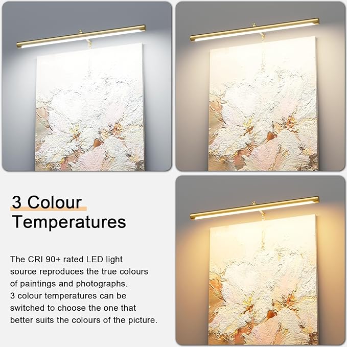 9W Picture Light Plug in, 24" Adjustable LED Art Light with Remote Control, Dimmable Wall Light for Picture Display Dartboard Art Work (Gold)