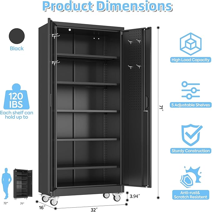 Aobabo Upgrade 71H''*32''W*16''D Metal Garage Storage Cabinet with Wheels and Pegboards, 5 Adjustable Shelves Steel Storage Cabinets for Home,Warehouse,Garage,Assembly Required,Black