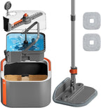 Upgraded Spin Mop and Bucket System Set, Self Separate Clean and Dirty Water, Foldable Square Standing Mop Head with Microfiber Mop Pads, Detachable Bucket (Grey+Orange, Mop Set with 2PC Pads)