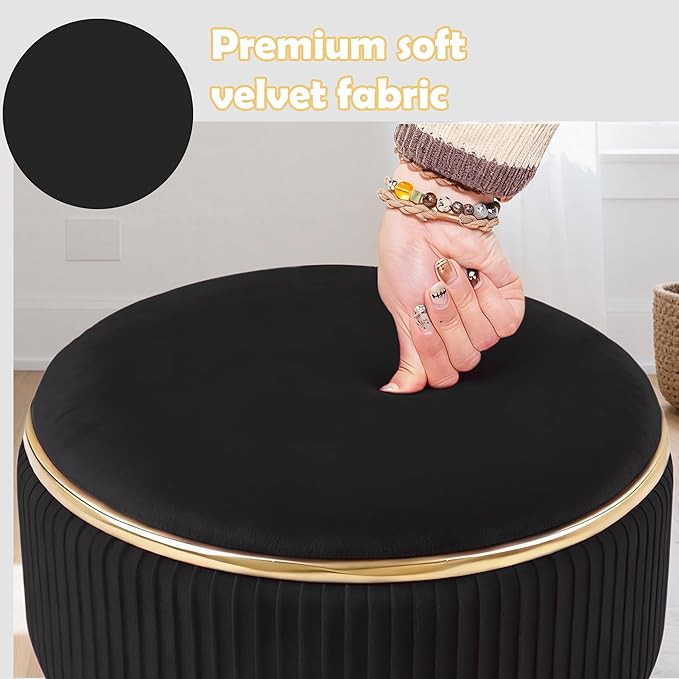 Adjustable Vanity Stool with Storage, 360° Swivel Makeup Stool Chair Small Velvet Round Ottoman with Gold Base for Bedroom (Black)