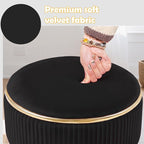 Adjustable Vanity Stool with Storage, 360° Swivel Makeup Stool Chair Small Velvet Round Ottoman with Gold Base for Bedroom (Black)