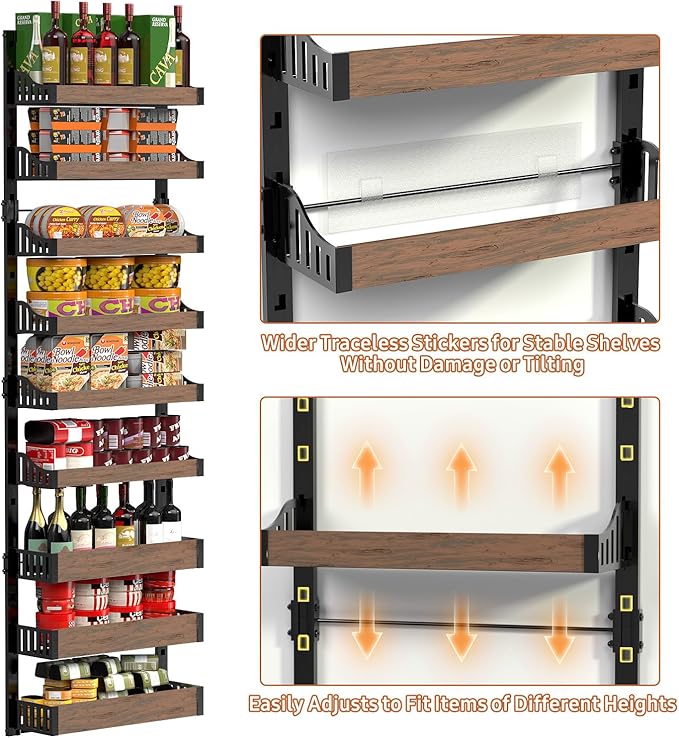 Over the Door Pantry Organizer: Pantry Organization and Storage with Hanging Basket - 9-Tier Metal Spice Rack Adjustable Shelves for Kitchen Bedroom Bathroom & Laundry Room Black