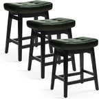Counter Height Bar Stools Set of 3 for Kitchen Counter Farmhouse Modern Barstools with Faux Leather Upholstered Backless Seat and Solid Wood Legs 24 inch Bar Chairs, Green + Black
