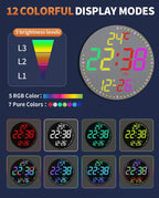 12" Large Digital Wall Mount Clock, Count Down Timer, Alarm, Big LED, 12 RGB Color, Temperature for Living Room Classroom Desk, Xmas, Birthday Gift for Senior Mom (Fabric Elements)