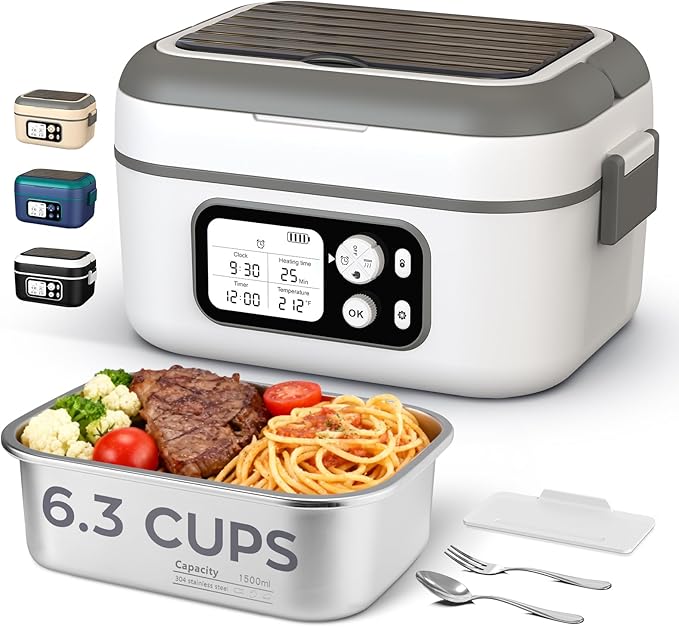 Dravel Cordless Heated Lunch Box for Men, 6.3 Cup 100W Electric Lunch Box Food Warmer with 24000mAh Battery for Self Heating, Including Cutlery, Insulated Bag and Divider for Women Adults(Grey+White)