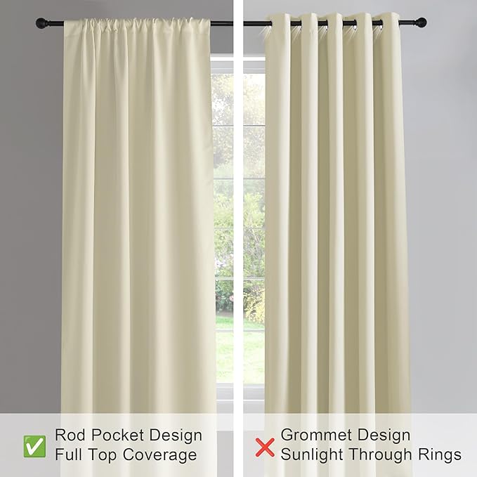 PONY DANCE Beige Room Darkening Curtains for Bedroom,Rod Pocket Thermal Insulated Backdrop for Teenagers Bedroom Dorm, Thick Durable Privacy Window Shades, W 42 x L 63 inches, 2 Panels