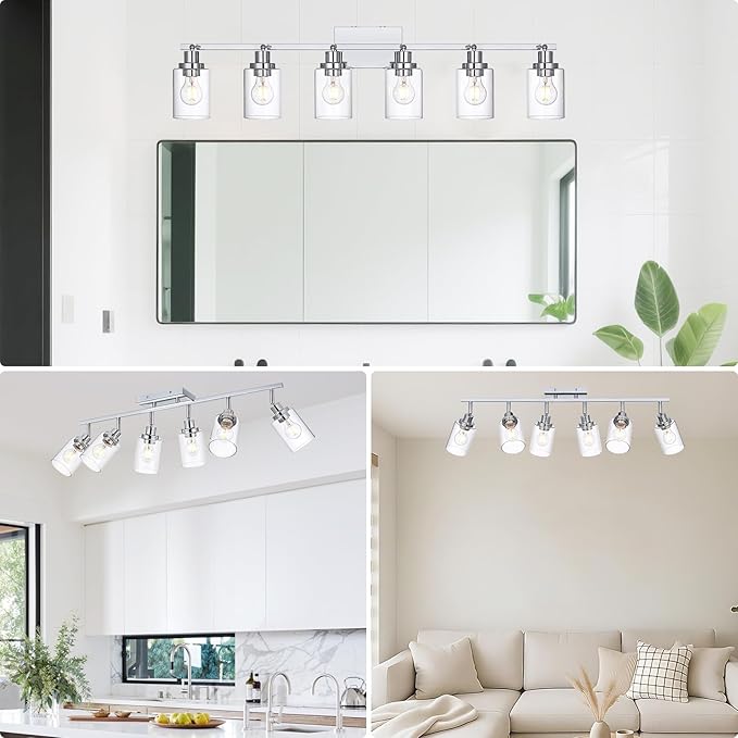 6-Light Track Lighting Kit Ceiling Kitchen Track Lighting Fixtures Chrome Bathroom Vanity Wall Lights with Clear Glass Multi-Directional Rotating Tracking Light Heads Spotlight for Accent Shop
